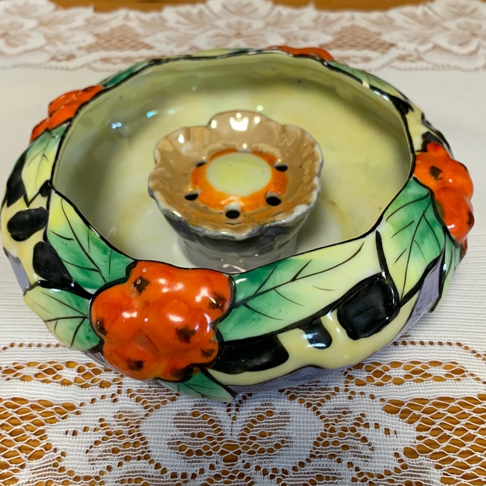 Low Red Poppy round Japanese Porcelain Bowl with Luster Ware Flower Frog.